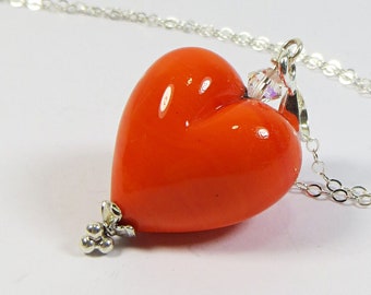 Murano Heart Necklace, Vibrant Orange Venetian Glass Murano Heart Necklace with Swarovski Crystal & 925 Sterling Silver, Love Heart Necklace