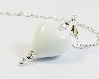 Venetian Murano Glass Necklace, Opaque White Heart Necklace with Swarovski crystal & 925 Sterling Silver Chain, White Murano Heart Necklace