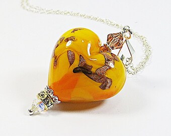 Murano Heart Necklace, Large Venetian Glass Heart in Lush Orange with Gold Aventurine Splashes on Sterling Silver Chain, w Swarovski Crystal