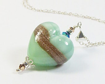 Murano Glass Heart Necklace, Venetian Glass Mint Green Perlet Heart w Gold Aventurine Band, Swarovski Crystal and Sterling Silver Necklace
