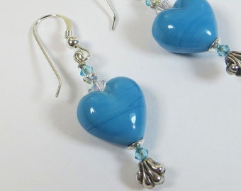 Murano Venetian Turquoise Blue Heart Earrings w Sterling Silver, Turquoise Murano Venetian Glass Love Heart Earrings w Swarovski AB & Silver