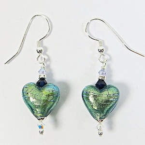 Venetian Glass Heart Earrings Verde Green, Venetian Murano Glass Heart Earrings w 24kt Goldfoil, Swarovski & 925 Sterling Silver Earrings
