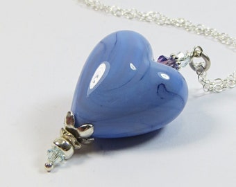 Periwinkle Blue Murano Heart Necklace, Soft Blue Venetian Glass Heart Pendant Necklace w Swarovski Crystal & Sterling Silver Chain