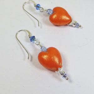 Zingy Orange Murano Heart Earrings, Yellow Venetian Glass Murano Heart Earrings w Gold Dusting, Swarovski Crystal & 925 Sterling Silver