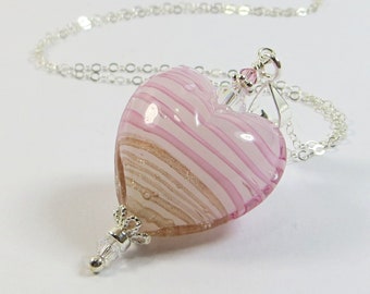 Murano Heart Necklace, White with Pink and Sand Stripes Venetian Heart Necklace with Swarovski Crystal & 925 Silver Chain, Heart Necklace