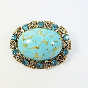 1920s Brooch Pin, Small Vintage Bohemian Czech Art Glass Bright Turquoise Blue Rhinestone Crystals and Brass Filigree Oval Brooch Pin
