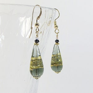 Black Diamond Goldfoil Murano Glass Small Drops Earrings, Venetian Glass Grey w 24kt Goldfoil, Swarovski & 14kt Goldfill, Clips Available