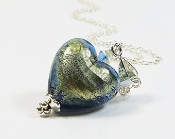 Murano Heart Necklace, Bluino Blue Green Venetian Murano Heart Necklace w Swarovski Crystal & Sterling Silver Chain, Pretty Heart Necklace