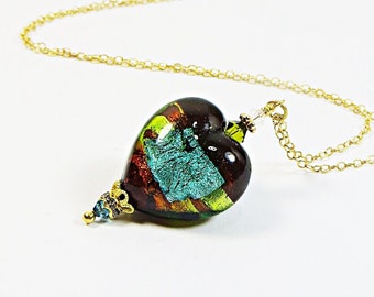 Murano Heart Pendant Necklace, Green Blue Topaz 24kt Goldfoil Venetian Glass Heart Necklace with Swarovski and 14kt Goldfill Chain and Clasp