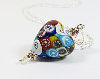 Murano Heart Necklace, Lovely Multicolour Millefiore Venetian Glass Heart Pendant Necklace with Swarovski Crystal & 925 Sterling Silver