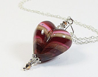 Murano Pink Red Feathered Heart Necklace with 925 Sterling Silver and Swarovski Crystal, Murano Venetian Glass Love Heart Necklace