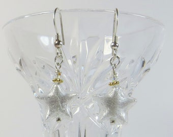 White Gold Stars Earrings, Murano Venetian Glass White Goldfoil Stars Earrings, Venetian Murano Glass Vermeil Sterling Swarovski Earrings