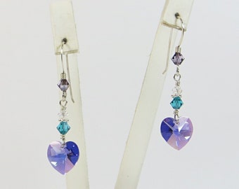 Swarovski Crystal Heart Earrings, Swarovski Tanzanite AB Colour Heart Earrings w 925 Silver, Sparkly Heart Earrings