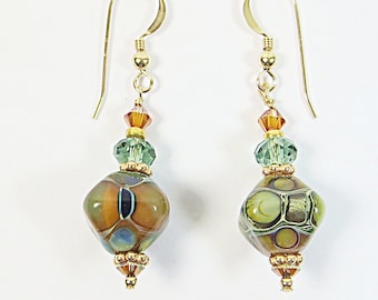 Art Glass Earrings, American Artist Glass Green Topaz Colour Beads Earrings with Vermeil, Swarovski Crystal and 14kt Goldfill Components