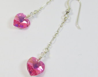 Pink Heart Earrings, Delicate Swarovski Rose Aurora Borealis Heart and Chain Earrings with Silver, Option to Change to Non Pierced Fittings