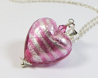 Murano Heart Necklace, Rose Pink Stripe and Silver Venetian Glass Heart Necklace w Sterling Silver & Swarovski Crystal, Love Heart Gift