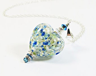 Murano Heart Necklace, Venetian Glass Blue Aqua Speckled Heart Pendant Necklace with 925 Sterling and Swarovski Crystal