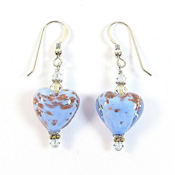 Murano Heart Earrings, Periwinkle Blue Sommerso Venetian Glass, Swarovski & Silver, Clips Available