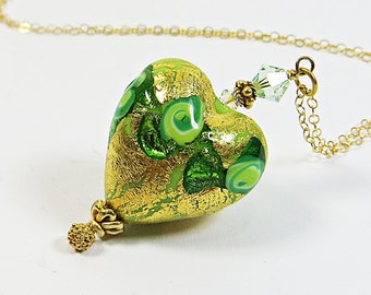 Murano Heart Pendant Necklace, 24kt Goldfoil w Lime Green Swish Venetian Glass Heart Necklace w Swarovski and 14kt Goldfill Chain and Clasp