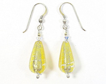Murano Drops Earrings, Gold Venetian Glass w 24kt Goldfoil, Swarovski & Silver, Clips Available
