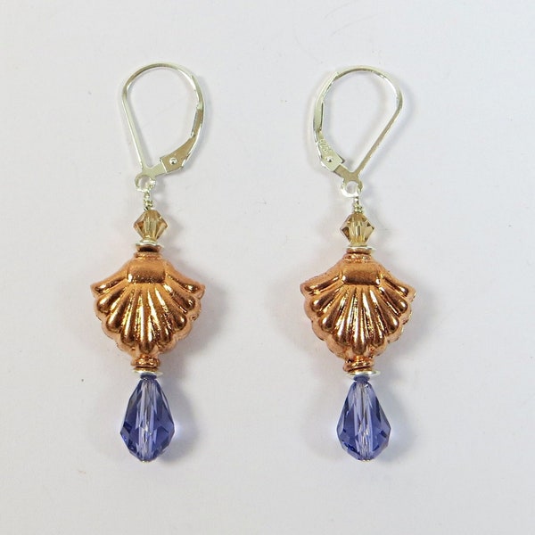 Handmade Earrings, Copper Swarovski and Silver Earrings, Tanzanite Swarovski Crystal and Copper Sterling Silver Earrings, Made in England