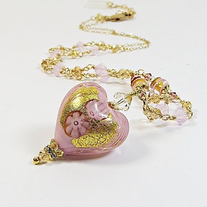 Murano Heart Pendant Necklace, Dusty Rose Pink Latticino Millefiore 24kt Goldfoil Venetian Glass Heart with & Swarovski and 14kt Goldfill