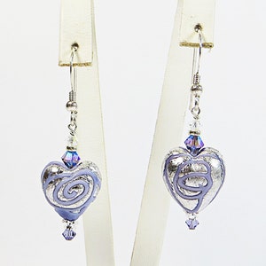 Luxe Venetian Glass Heart Earrings, Handmade Murano Glass w White Goldfoil, Lilac Swirls, Swarovski Crystal, Czech Glass and Sterling Silver