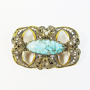 Épingle à broche des années 1930, cabochon en verre d'art tchèque bleu turquoise bohème et épingle à broche en métal filigrane ton doré, joli cadeau vintage