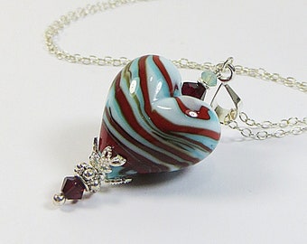 Murano Heart Necklace Turquoise Blue Stripes, Venetian Heart Pendant Necklace, Turquoise Red Murano Heart Necklace w 925 Silver & Swarovski