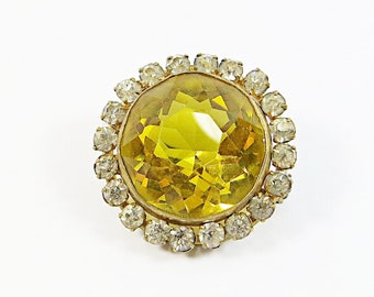 1910s Edwardian Brooch Pin, Gorgeous Small Vintage Brooch, Faceted Round Citrine Sunny Yellow Pointed Back Crystal Brass Brooch Pin