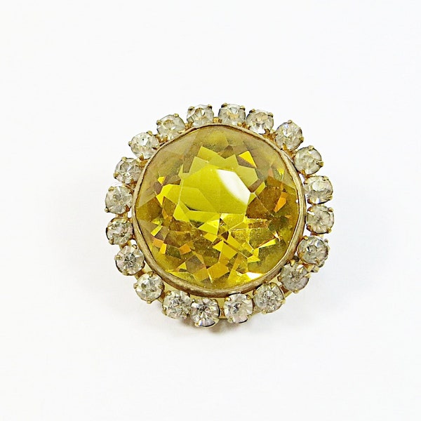 1910s Edwardian Brooch Pin, Gorgeous Small Vintage Brooch, Faceted Round Citrine Sunny Yellow Pointed Back Crystal Brass Brooch Pin