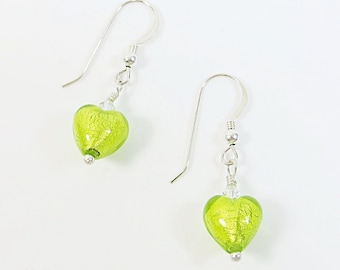 Murano Glass Mini Heart Earrings, Venetian Glass Lime Green Mini Heart Earrings w Swarovski &  925 Silver, Little Lime Green Heart Earrings