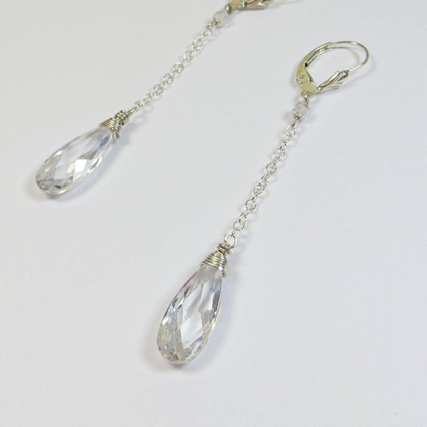 Zircon Gemstone Earrings, Beautiful Sparkling Clear Zircon Gemstone Drops Earrings Wirewrapped with Sterling Silver