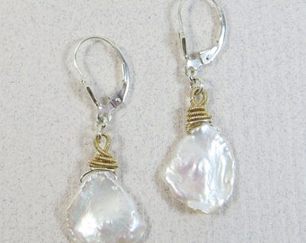 Orecchini di perle Keishi, perle d'acqua dolce color bianco sporco con argento e oro 14 carati, disponibili con clip