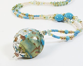 Murano Glass Necklace, Venetian Glass Aqua Blue Silver and Goldfoil Necklace, Swarovski, Czech Glass, Japanese Seed Beads & Sterling Silver