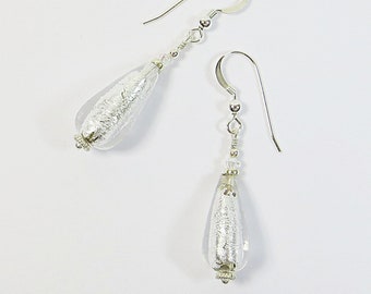 Silver Murano Glass Drops Earrings, Shining Silverfoil Venetian Glass Earrings w Swarovski Crystal & 925 Silver, Option to Change to Clips