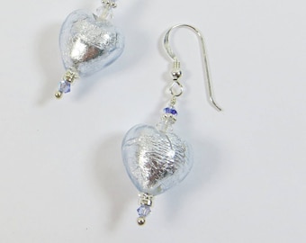 Murano Heart Earrings Alexandrite, Lilac Alex Venetian Glass w Swarovski Crystal and Sterling Heart Earrings, Murano Venetian Heart Earrings