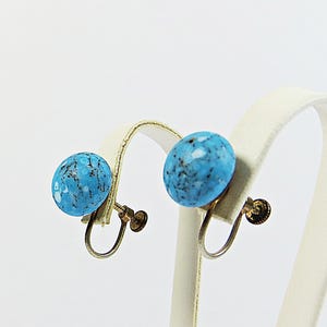 1930s Screw Back Earrings, Vintage Bohemian Handmade Czech Frosted Turquoise Colour Glass Screw Type Non Pierced Earrings