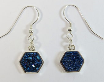 Druzy Earrings, Little Dark Blue Druzy Silverplated Earrings with 925 Sterling Silver Fittings