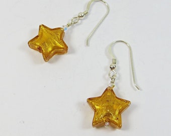 Murano Glass Topaz Stars Earrings, Handmade Venetian Glass 24kt Goldfoil Topaz Stars Earrings, 925 Sterling Silver Swarovski Earrings