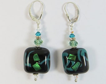 Opulent Murano Venetian Glass Blue Green Dichroic and Black Glass Earrings, Handmade Venetian Earrings with Silver and Swarovski Crystal