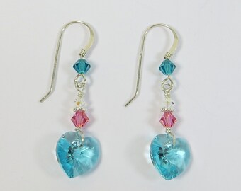 Aquamarinblaue Swarovski Kristall Herz Ohrringe, Swarovski Blaue Herz Ohrringe mit 925 Sterling Silber, Funkelnde Herz Ohrringe