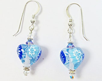 Something Blue Murano Millefiore Heart Earrings, Blue & Clear Venetian Glass Millefiore Flower Earrings w Swarovski and 925 Sterling Silver