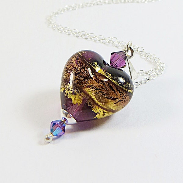 Murano Amethyst Purple Goldfoil Heart Necklace, Amethyst Goldline Venetian Heart Necklace with Swarovski Crystal and 925 Sterling Silver