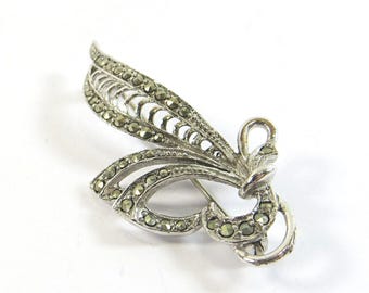 Spilla vintage anni '60 in marcasite, piccola spilla argentata con design a spruzzo.