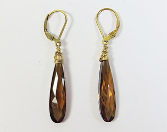 Zircon Drops Earrings w 14kt Goldfill, Beautiful Faceted Chocolate Brown Zircon Drops Wirewrapped with 14KT Goldfill Leverback Fittings