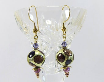 Venetian Jewel Earrings, White Goldfoil Spotted Purple Amethyst Tanzanite Murano Glass Beads w Silver Vermeil and Swarovski Crystal Earrings