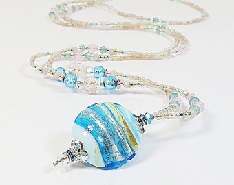 Murano Glass Necklace, Venetian Glass Aqua Blue Pink and Silverfoil Necklace, Swarovski, Czech Glass, Japanese Seed Beads & Sterling Silver