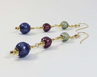 Murano Glass Earrings w 14KT Goldfill, Venetian Glass Black Diamond, Amethyst with Purple Velvet, Option to Change to Non Pierced Fittings