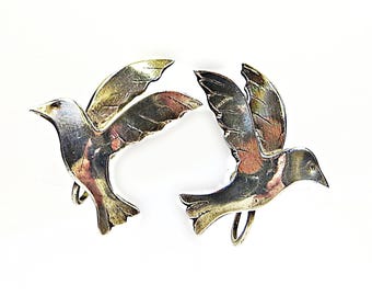 Orecchini a forma di uccello con chiusura a vite del 1970, orecchini vintage fatti a mano in argento sterling con uccelli volanti non forati